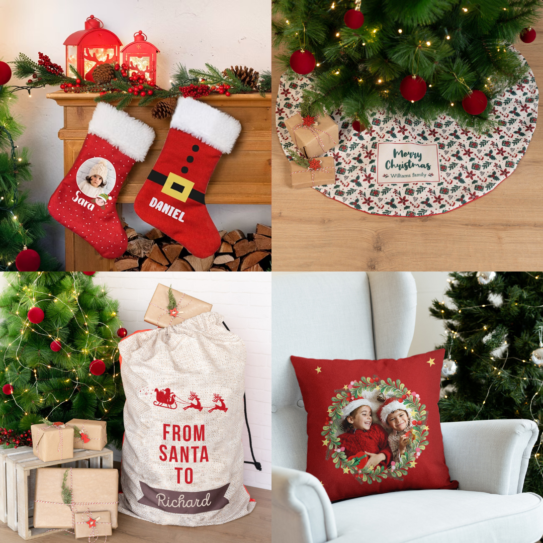 Calcetines, falda de árbol, saco y cojín personalizado de Wanapix.es