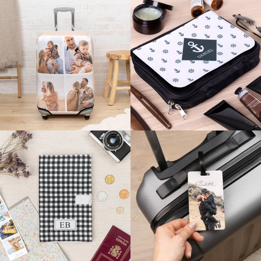 Funda y etiqueta para maleta, neceser de viaje y portadocumentos personalizados de Wanapix.es