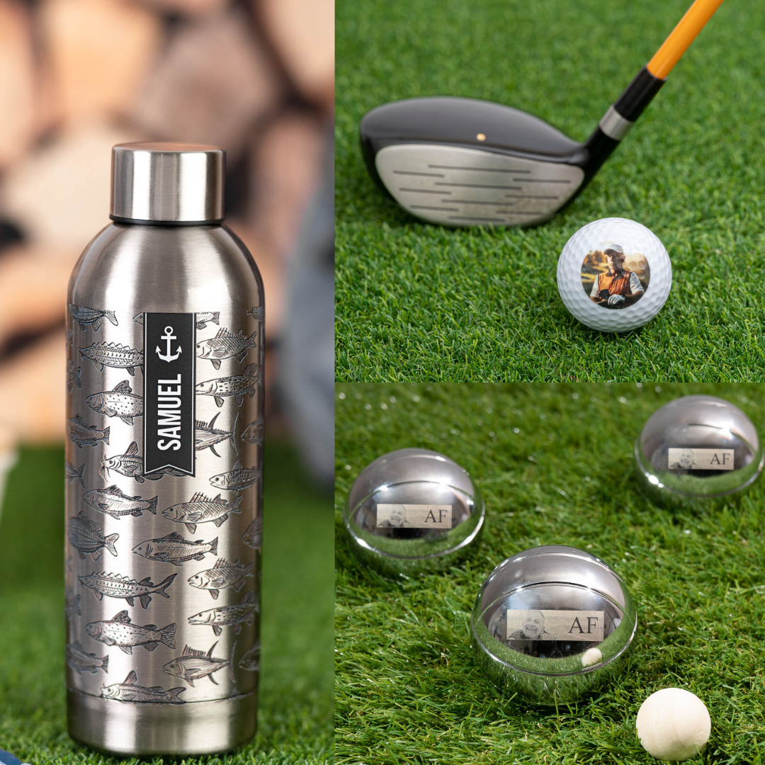 Botella de acero, pelotas de golf y set de petanca personalizados de Wanapix.es