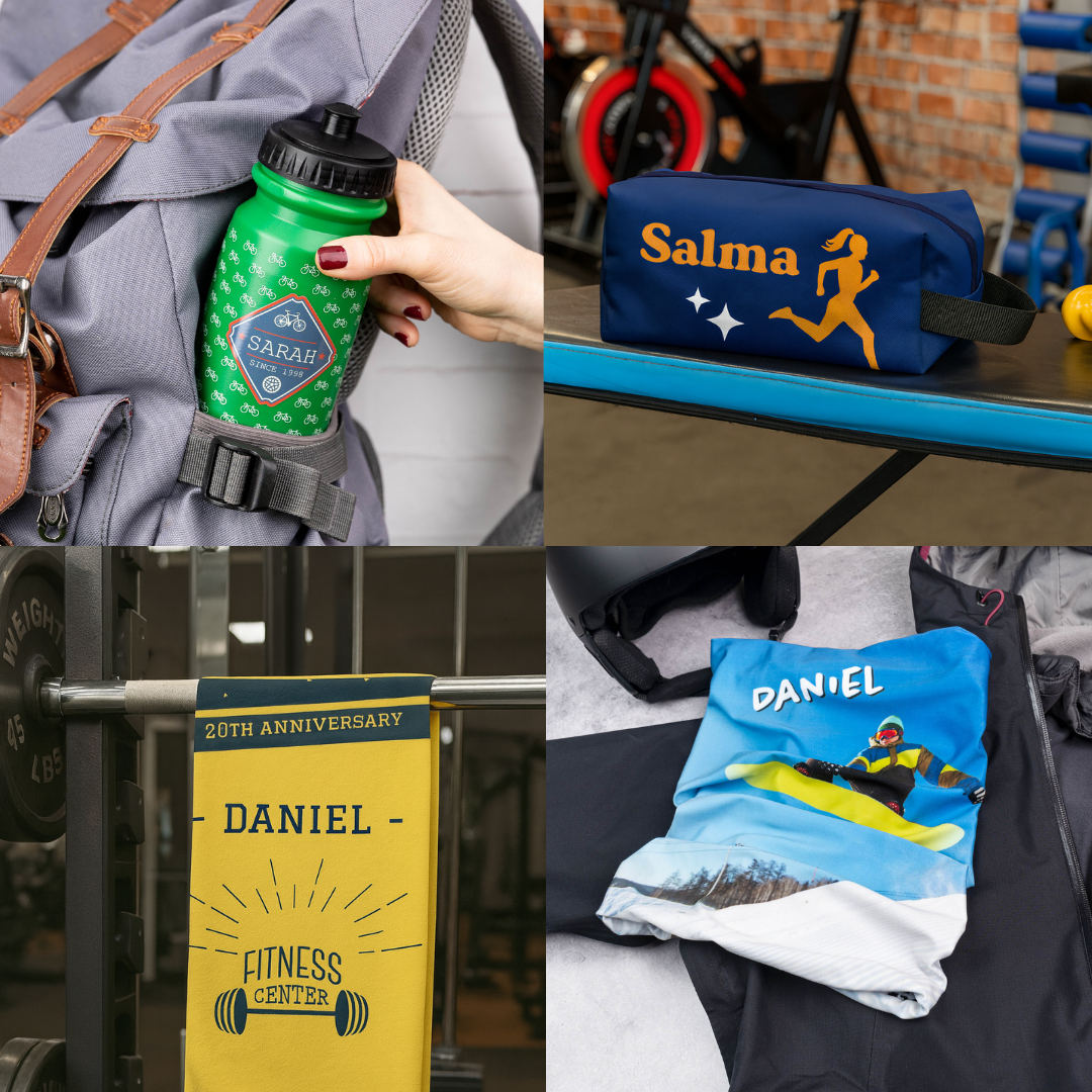 Bidón, bolsa para zapatos, toalla y braga de cuello personalizados de Wanapix.es