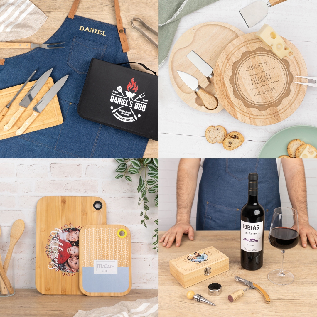 Delantal, set de barbacoa, tabla de quesos, tablas de cortar y set de vino personalizados de Wanapix.es
