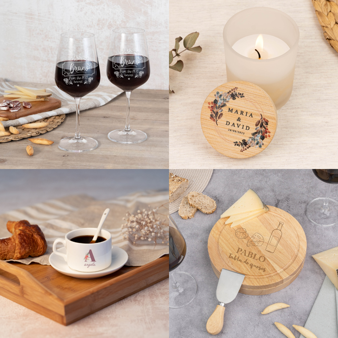 Copas, vela, taza de café y tabla de quesos personalizados de Wanapix.es