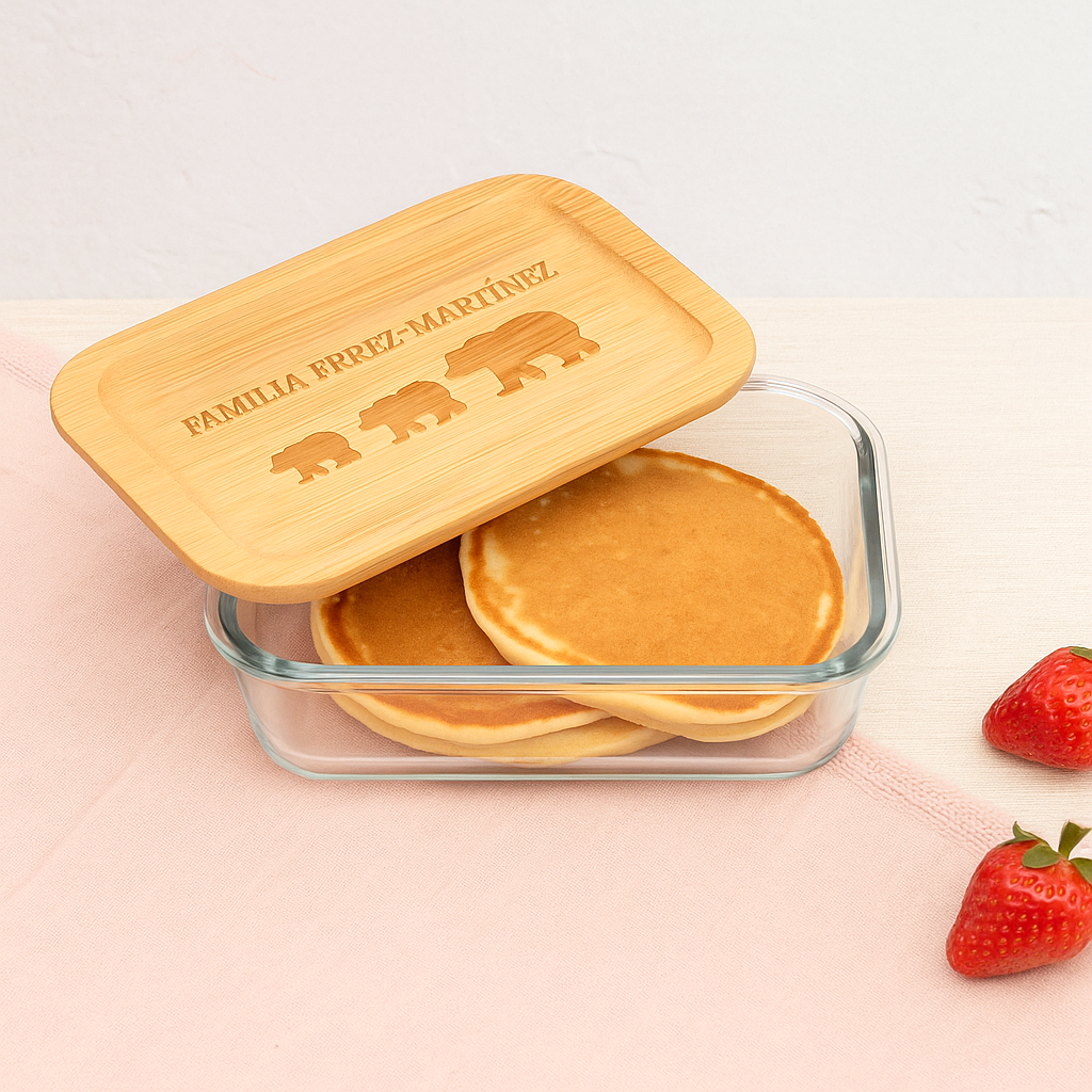 Tupper de cristal con tapa de bambú personalizada de Wanapix.es